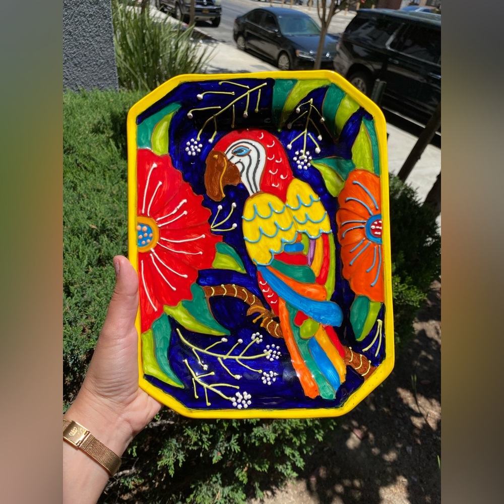 Hand-Painted Talavera Parrot Serving Platter - Bright Multicolor